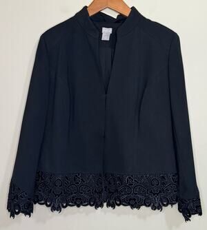 Chico's Lace Hem Pointe Jacket Women's Size 2 12/14 Tailored Black Blazer